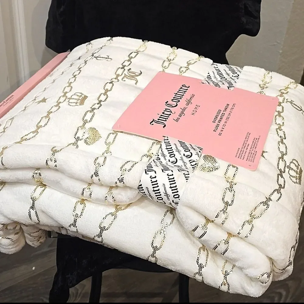 Juicy Couture Home Gold Foil Chain Crown & Hearts Printed Plush‎ Throw Blanket